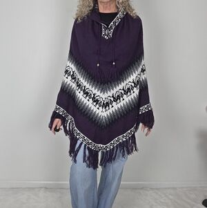 Alpaca Warehouse Plum Sweater Poncho with tassels